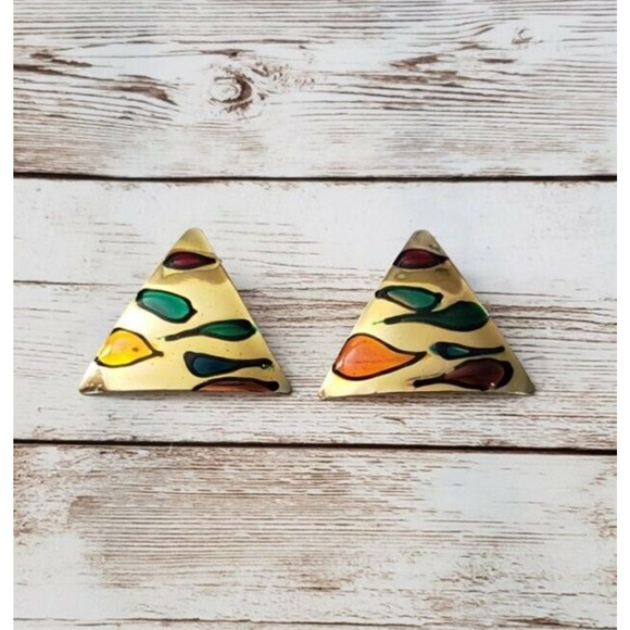 Vintage Clip On Earrings Artsy Triangle Shape - Picture 1 of 3